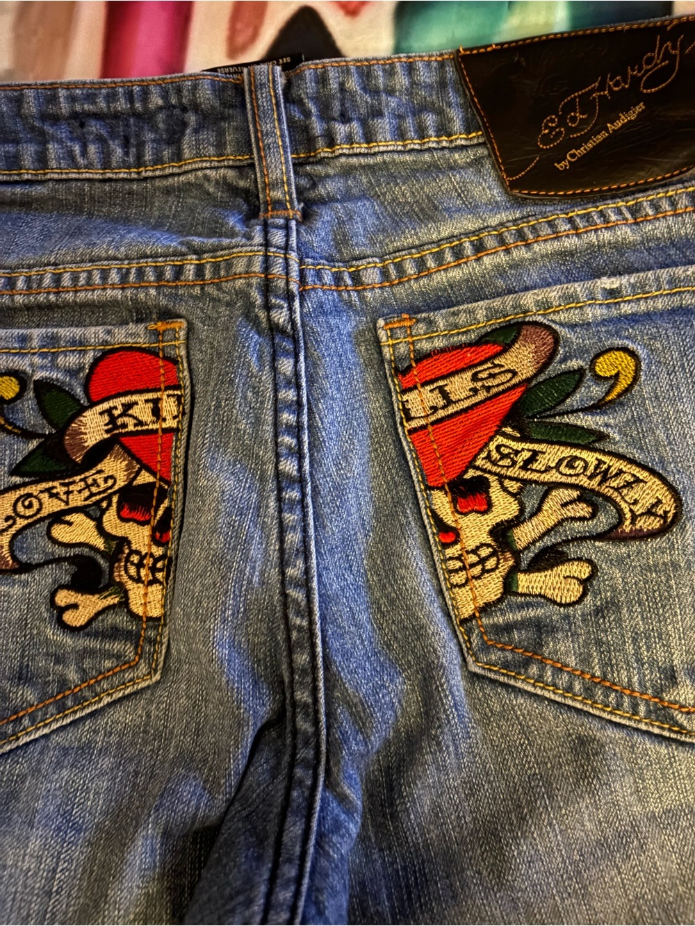 Christian Audigier Light Blue Jeans with Red & Yellow Skull Embroidery